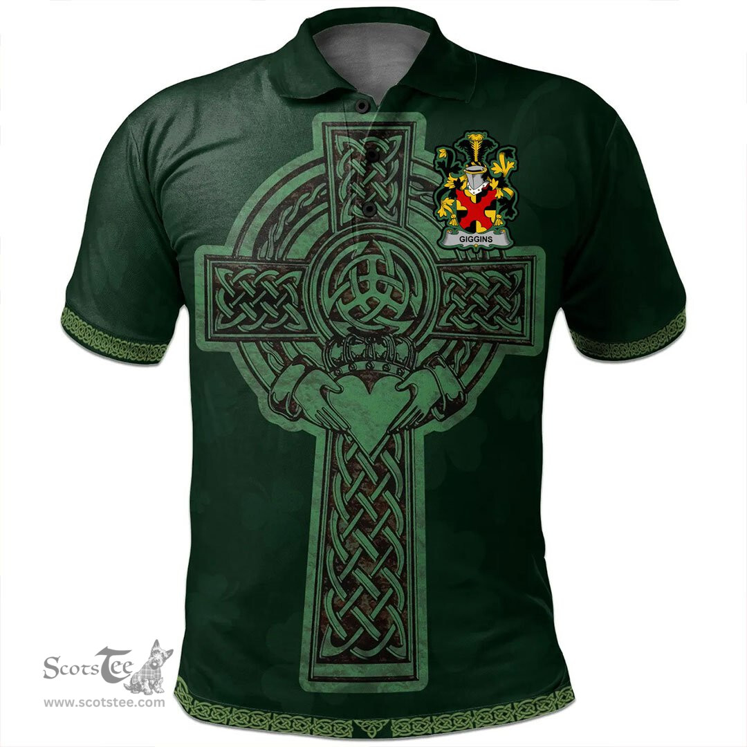 Irish Giggins Coat of Arms Irish Polo Shirt Irish Cross with Celtic Knot and Claddagh Ring Polo Shirt