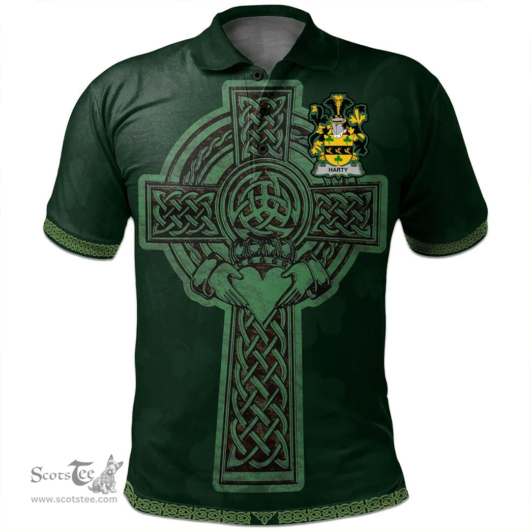 Irish Harty or O'Haherty Coat of Arms Irish Polo Shirt Irish Cross with Celtic Knot and Claddagh Ring Polo Shirt