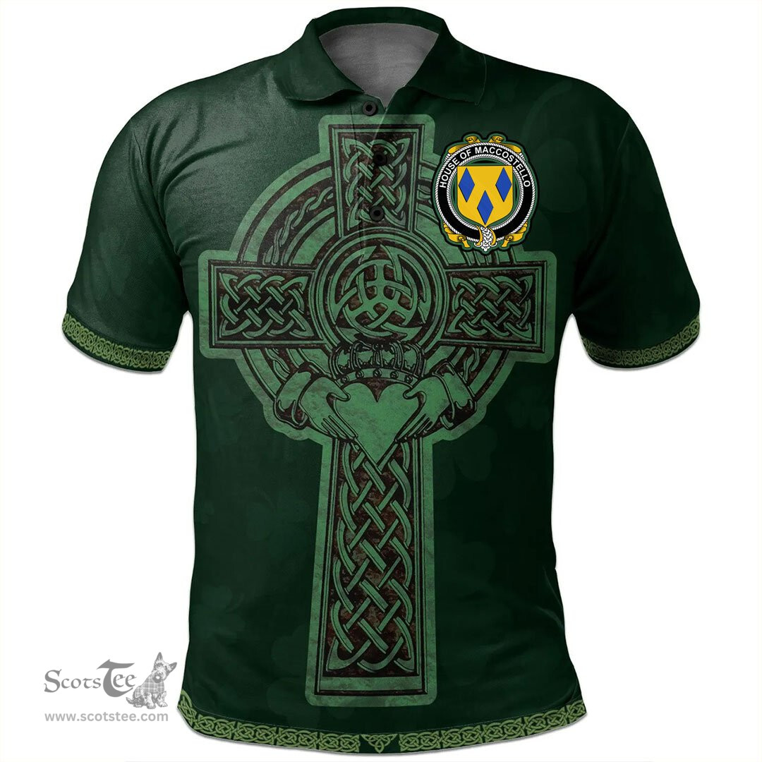 Irish House of MACCOSTELLO Coat of Arms Irish Polo Shirt Irish Cross with Celtic Knot and Claddagh Ring Polo Shirt