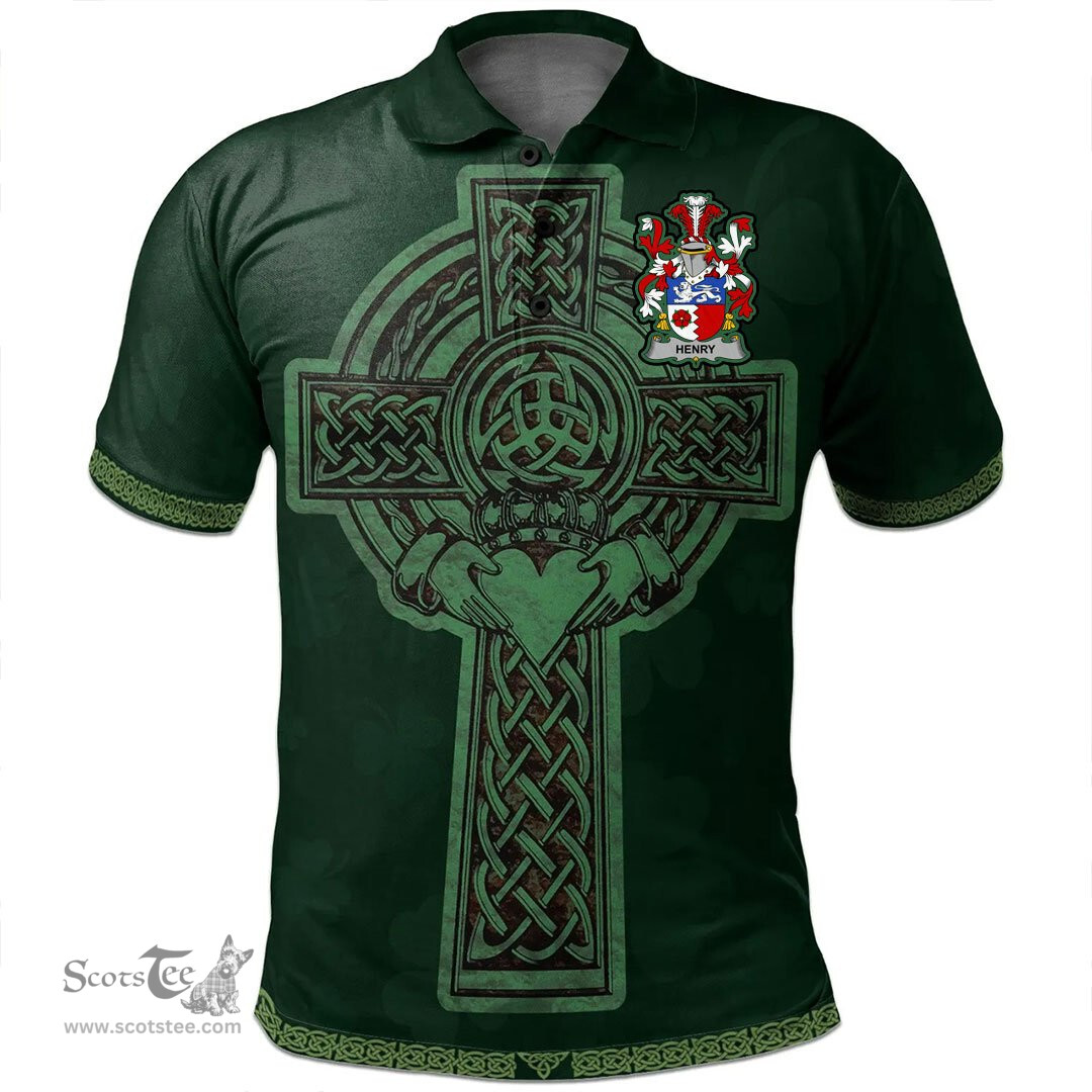 Irish Henry or O'Henry Coat of Arms Irish Polo Shirt Irish Cross with Celtic Knot and Claddagh Ring Polo Shirt