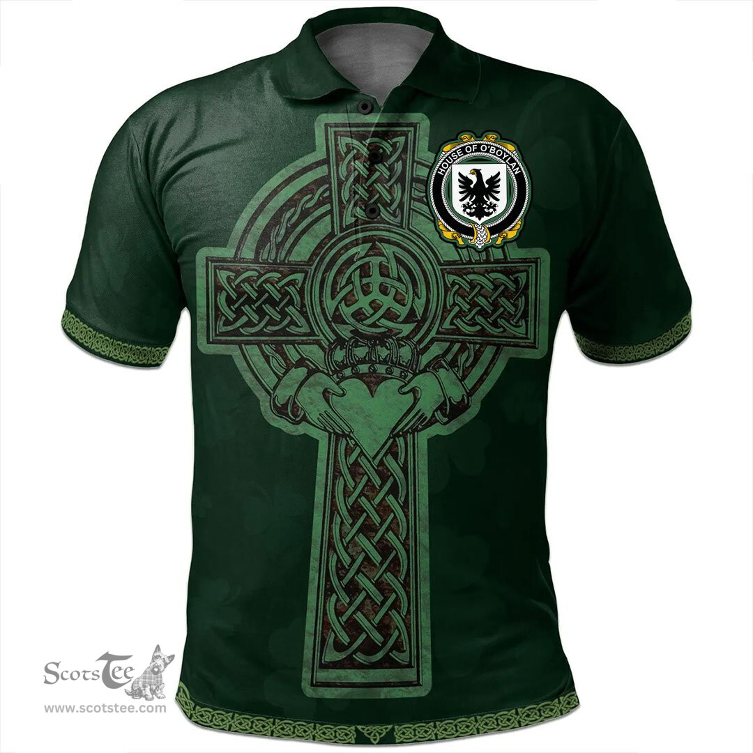 Irish House of O'BOYLAND Coat of Arms Irish Polo Shirt Irish Cross with Celtic Knot and Claddagh Ring Polo Shirt