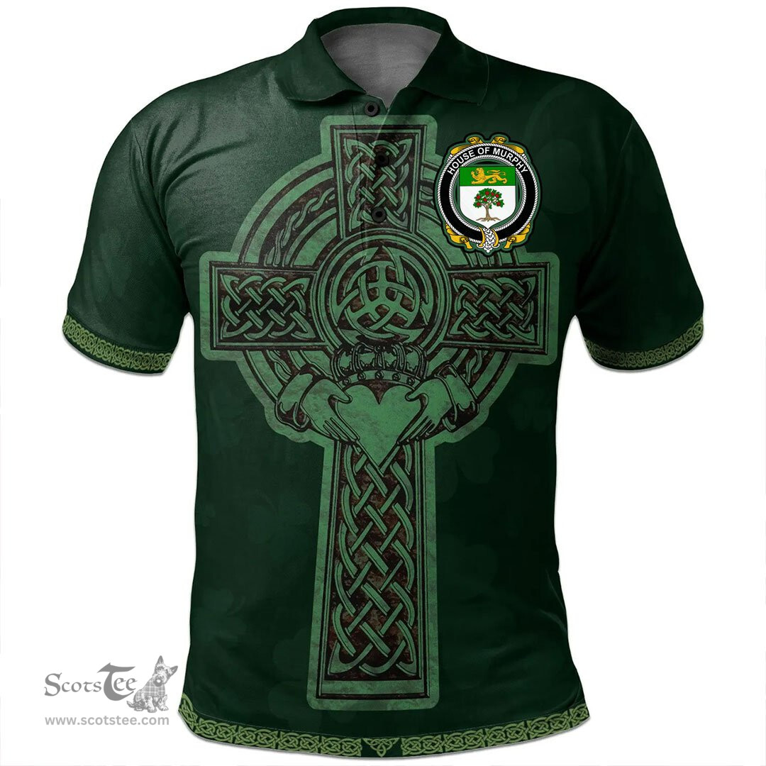 Irish House of MURPHY (O’Morchoe) Coat of Arms Irish Polo Shirt Irish Cross with Celtic Knot and Claddagh Ring Polo Shirt