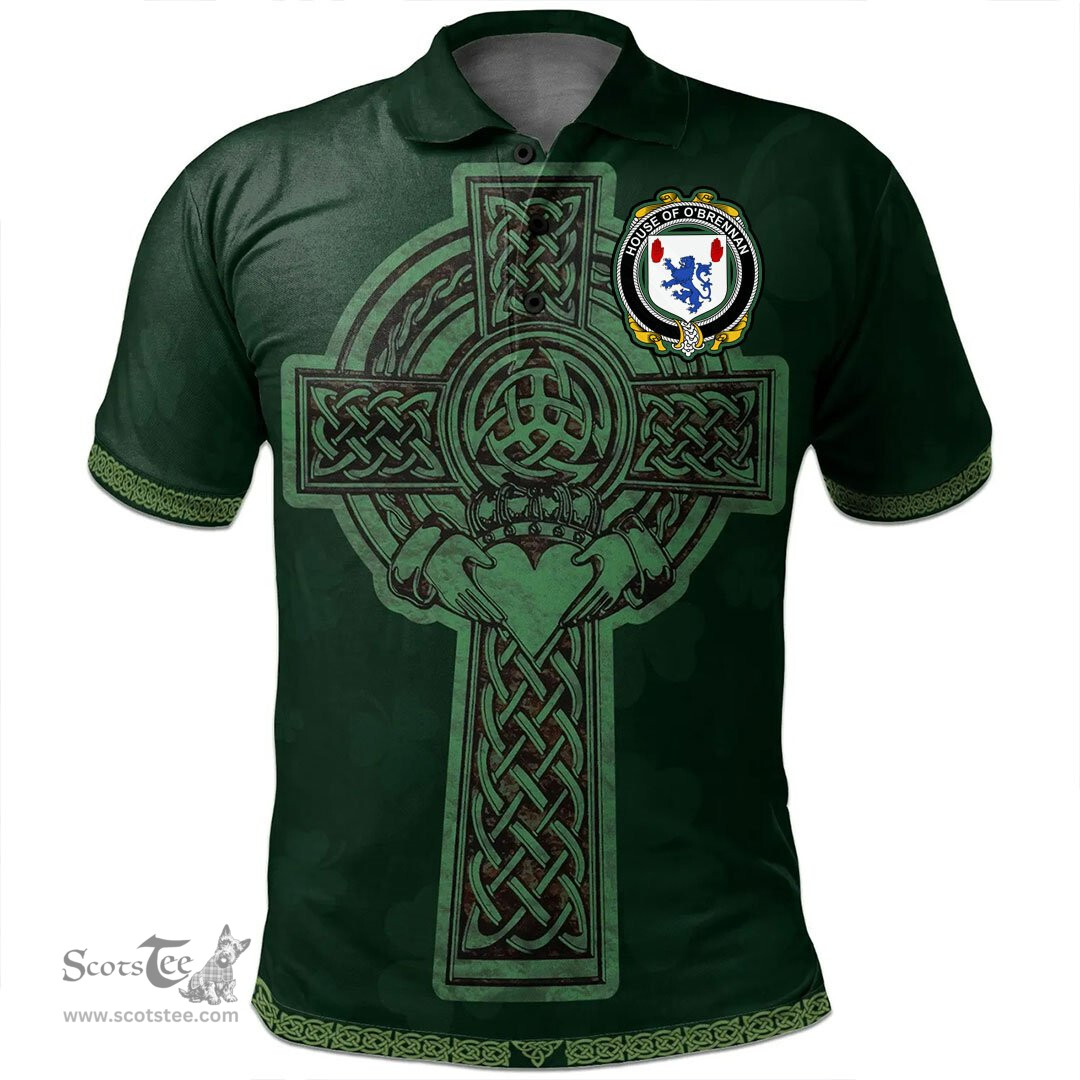 Irish House of O'BRENNAN (Connacht) Coat of Arms Irish Polo Shirt Irish Cross with Celtic Knot and Claddagh Ring Polo Shirt