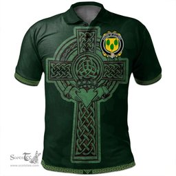 Irish House of O'CLERY Coat of Arms Irish Polo Shirt Irish Cross with Celtic Knot and Claddagh Ring Polo Shirt