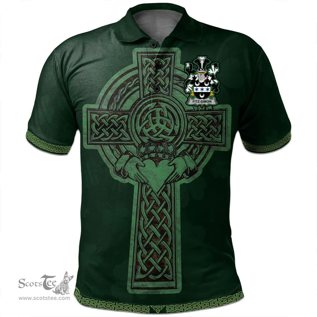 Irish Fitz-Simon Coat of Arms Irish Polo Shirt Irish Cross with Celtic Knot and Claddagh Ring Polo Shirt