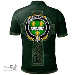 Irish House of O'COFFEY Coat of Arms Irish Polo Shirt Irish Cross with Celtic Knot and Claddagh Ring Polo Shirt