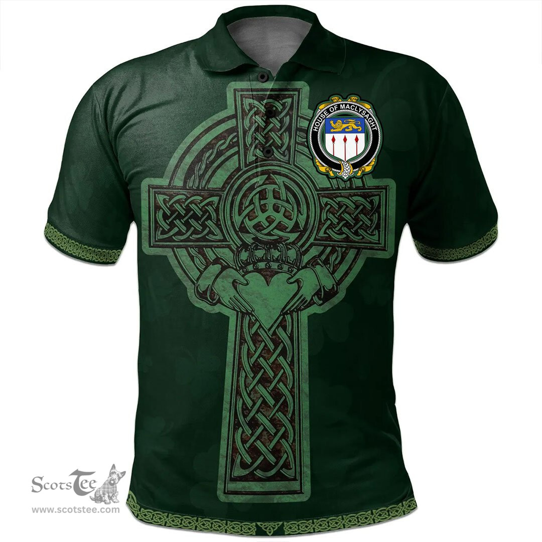 Irish House of MACLYSAGHT Coat of Arms Irish Polo Shirt Irish Cross with Celtic Knot and Claddagh Ring Polo Shirt