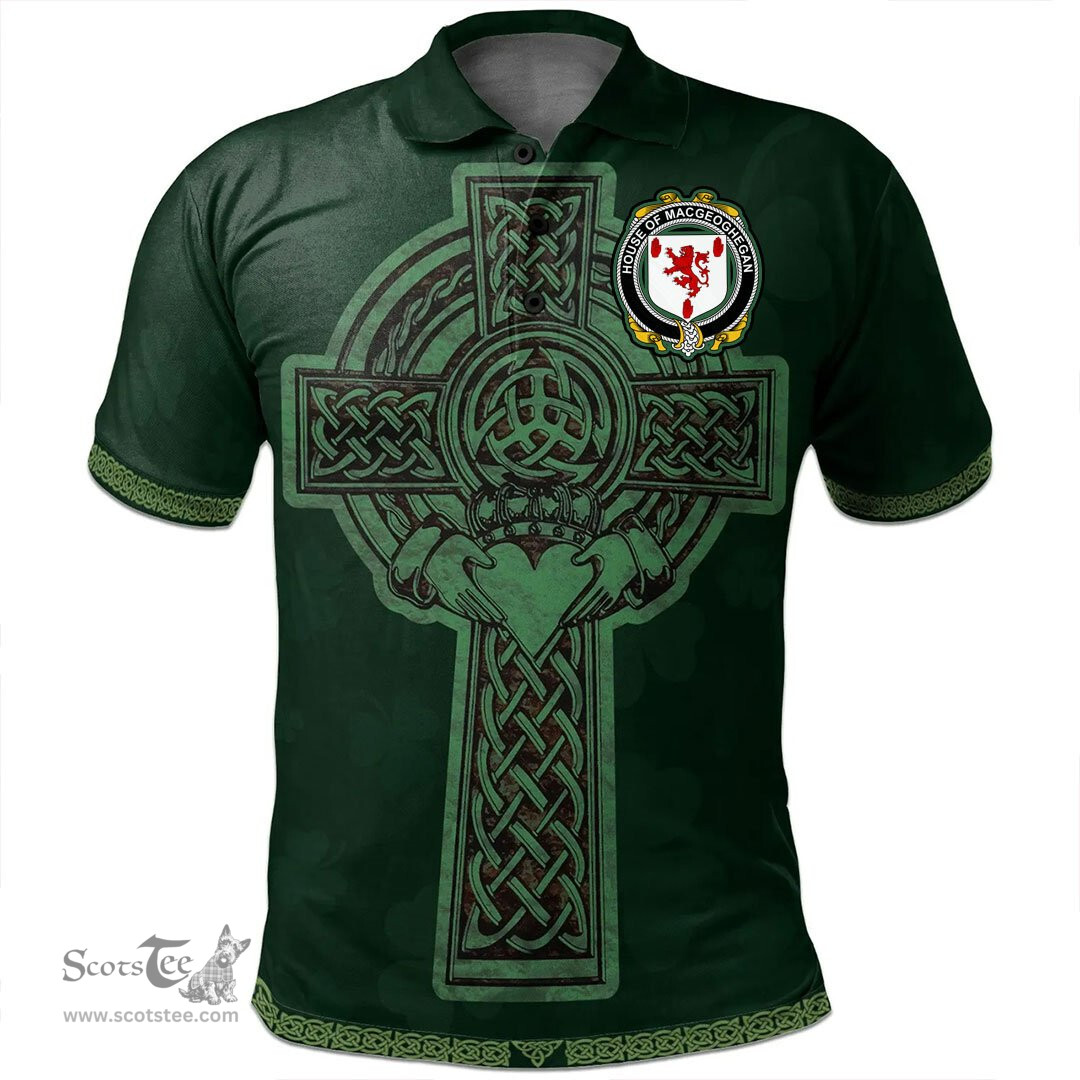 Irish House of MACGEOGHEGAN Coat of Arms Irish Polo Shirt Irish Cross with Celtic Knot and Claddagh Ring Polo Shirt
