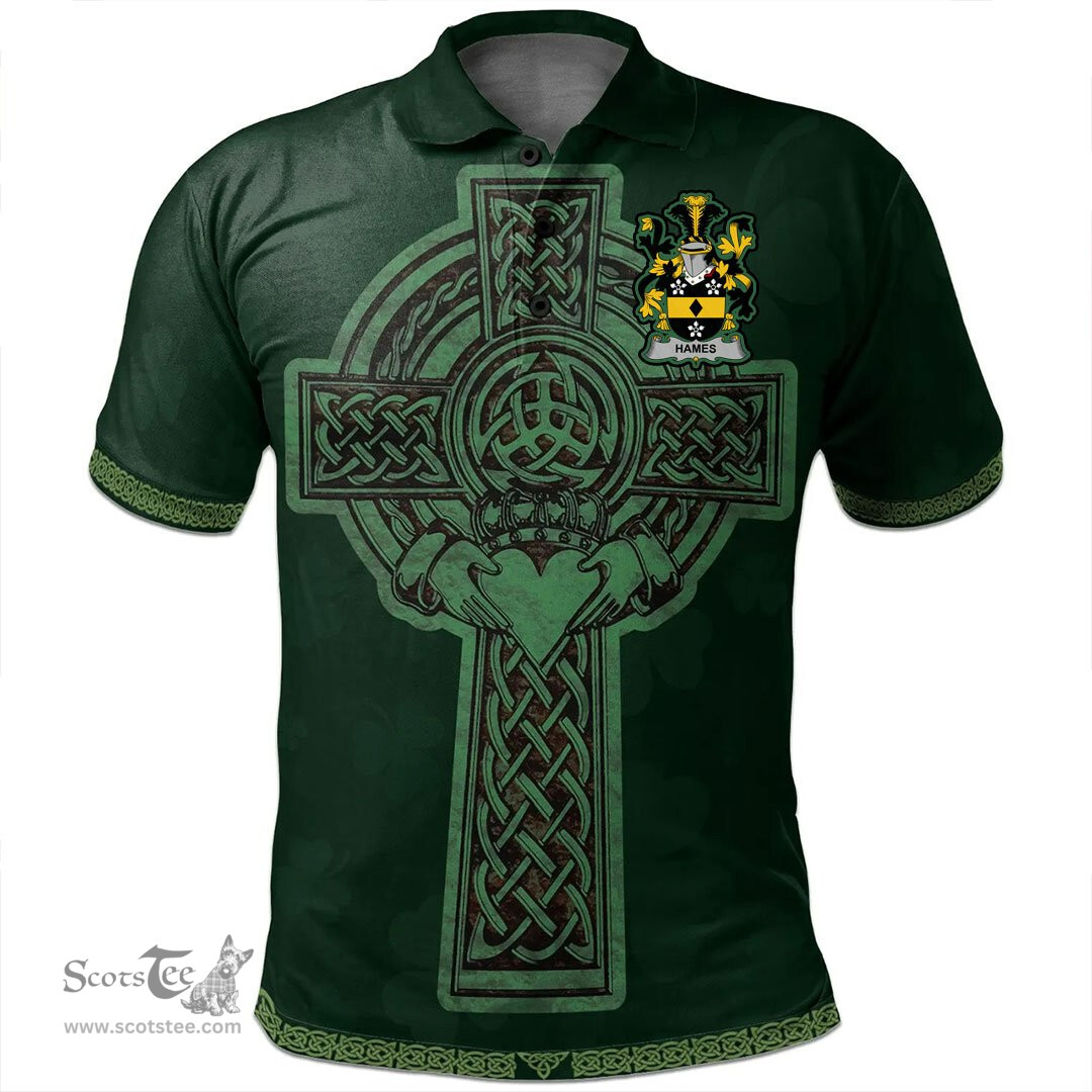 Irish Hames Coat of Arms Irish Polo Shirt Irish Cross with Celtic Knot and Claddagh Ring Polo Shirt