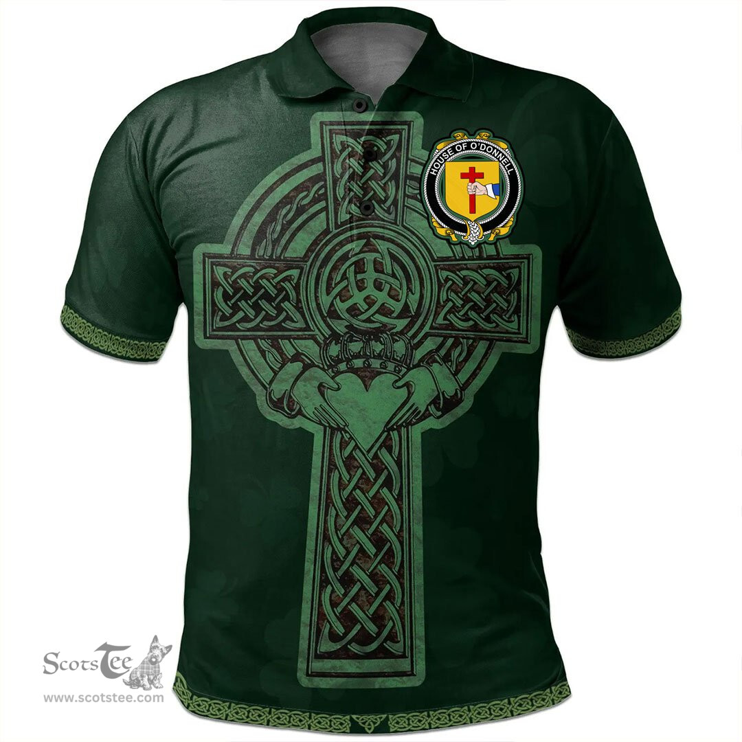 Irish House of O'DONNELL Coat of Arms Irish Polo Shirt Irish Cross with Celtic Knot and Claddagh Ring Polo Shirt