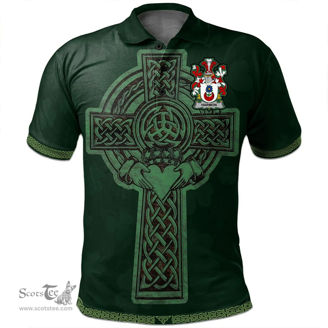 Irish Harmon Coat of Arms Irish Polo Shirt Irish Cross with Celtic Knot and Claddagh Ring Polo Shirt