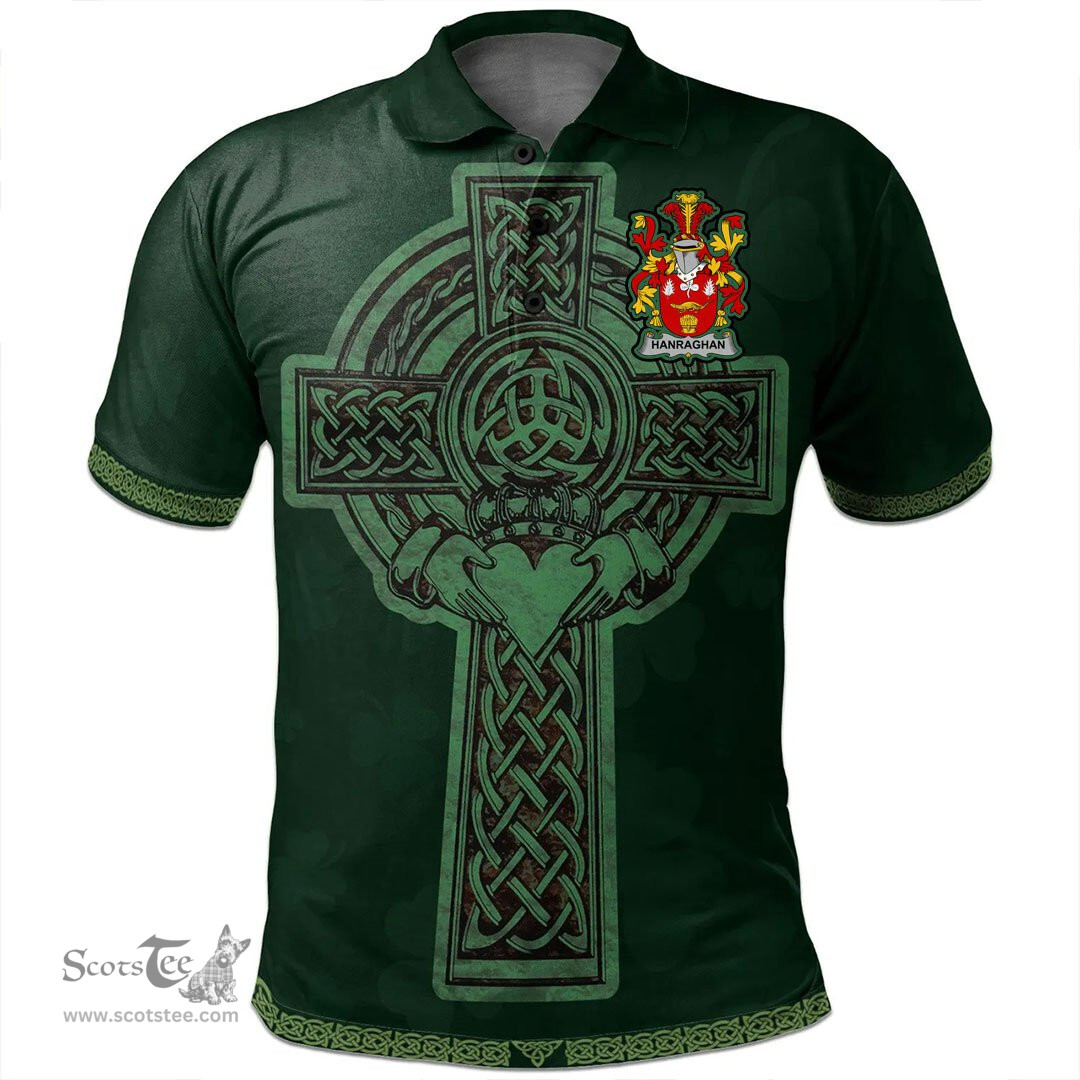 Irish Hanraghan or O'Hanraghan Coat of Arms Irish Polo Shirt Irish Cross with Celtic Knot and Claddagh Ring Polo Shirt
