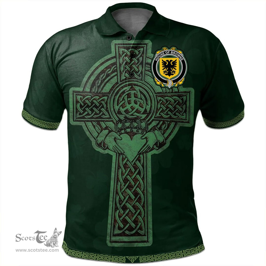 Irish House of BROWNE Coat of Arms Irish Polo Shirt Irish Cross with Celtic Knot and Claddagh Ring Polo Shirt