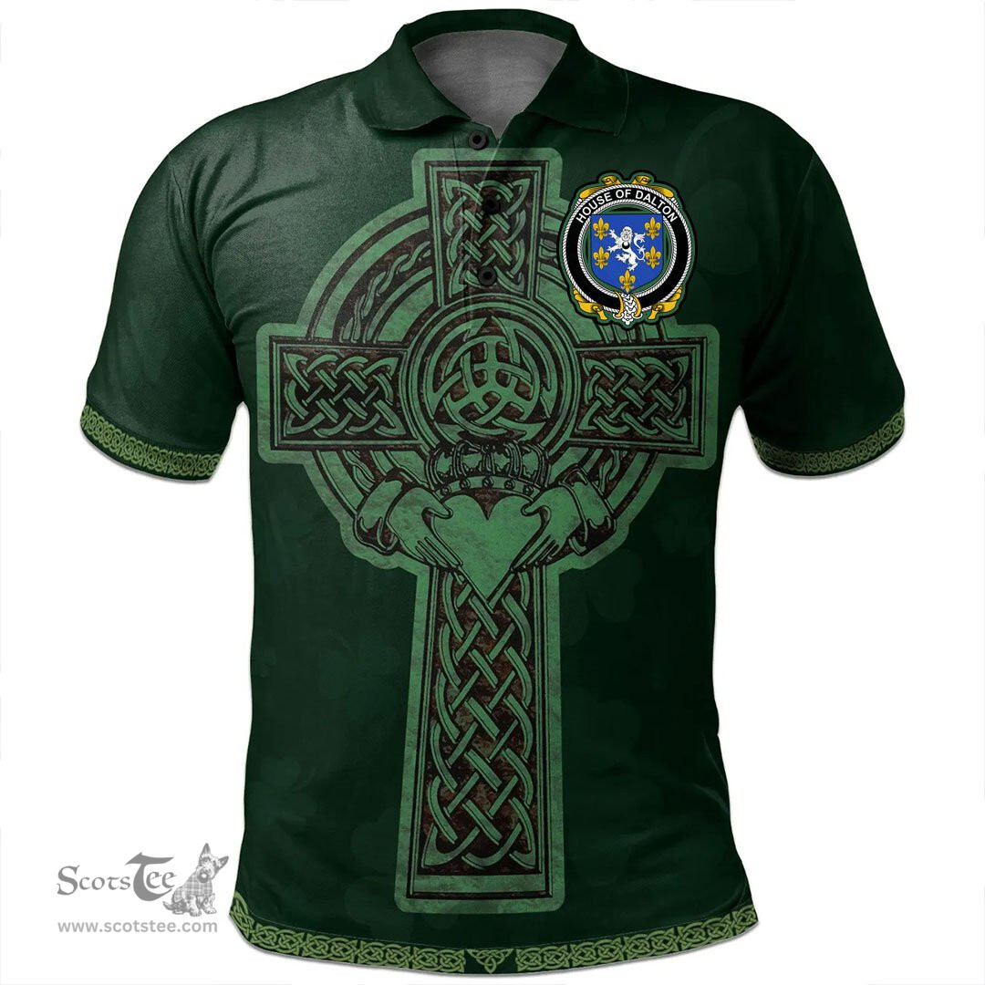 Irish House of DALTON Coat of Arms Irish Polo Shirt Irish Cross with Celtic Knot and Claddagh Ring Polo Shirt