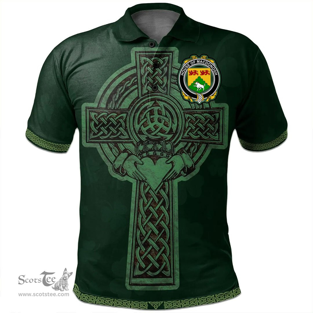 Irish House of MACDONOGH (Connacht) Coat of Arms Irish Polo Shirt Irish Cross with Celtic Knot and Claddagh Ring Polo Shirt