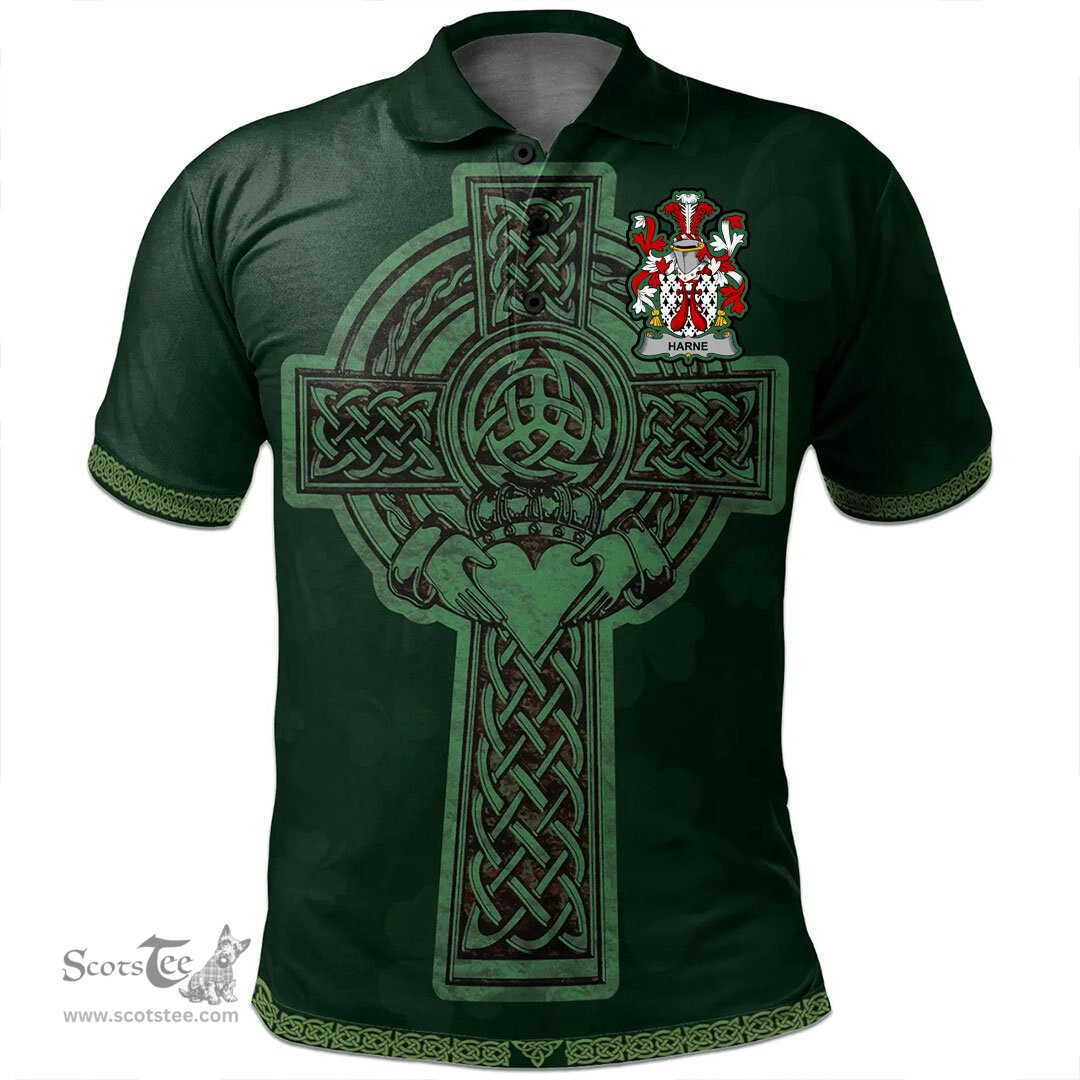 Irish Harne Coat of Arms Irish Polo Shirt Irish Cross with Celtic Knot and Claddagh Ring Polo Shirt