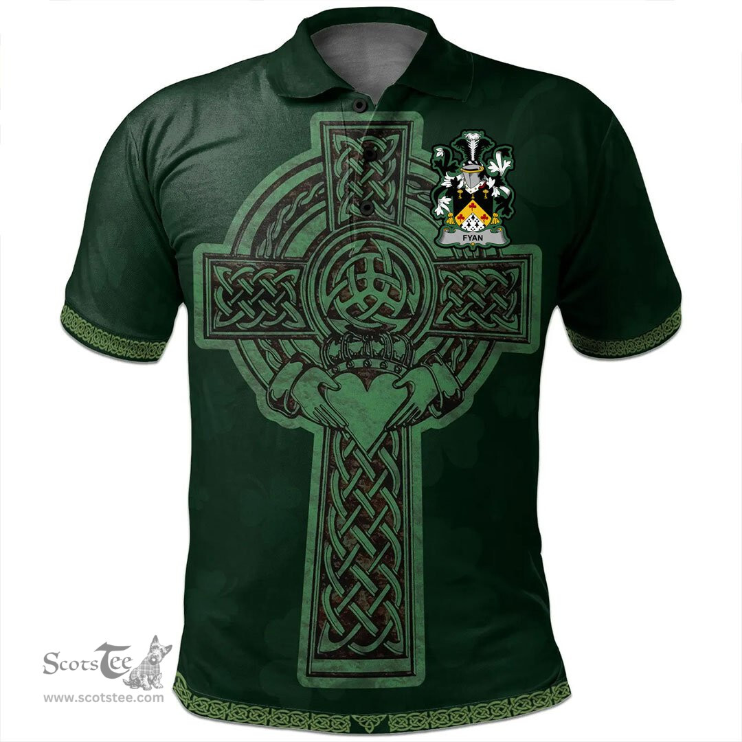 Irish Fyan or Faghan Coat of Arms Irish Polo Shirt Irish Cross with Celtic Knot and Claddagh Ring Polo Shirt