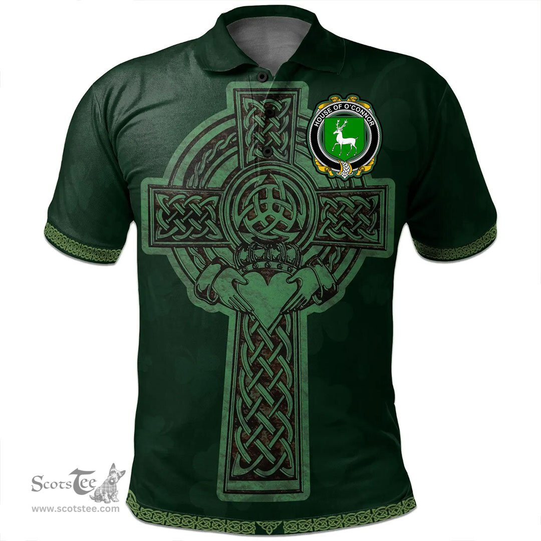 Irish House of O'CONNOR (Corcomroe) Coat of Arms Irish Polo Shirt Irish Cross with Celtic Knot and Claddagh Ring Polo Shirt