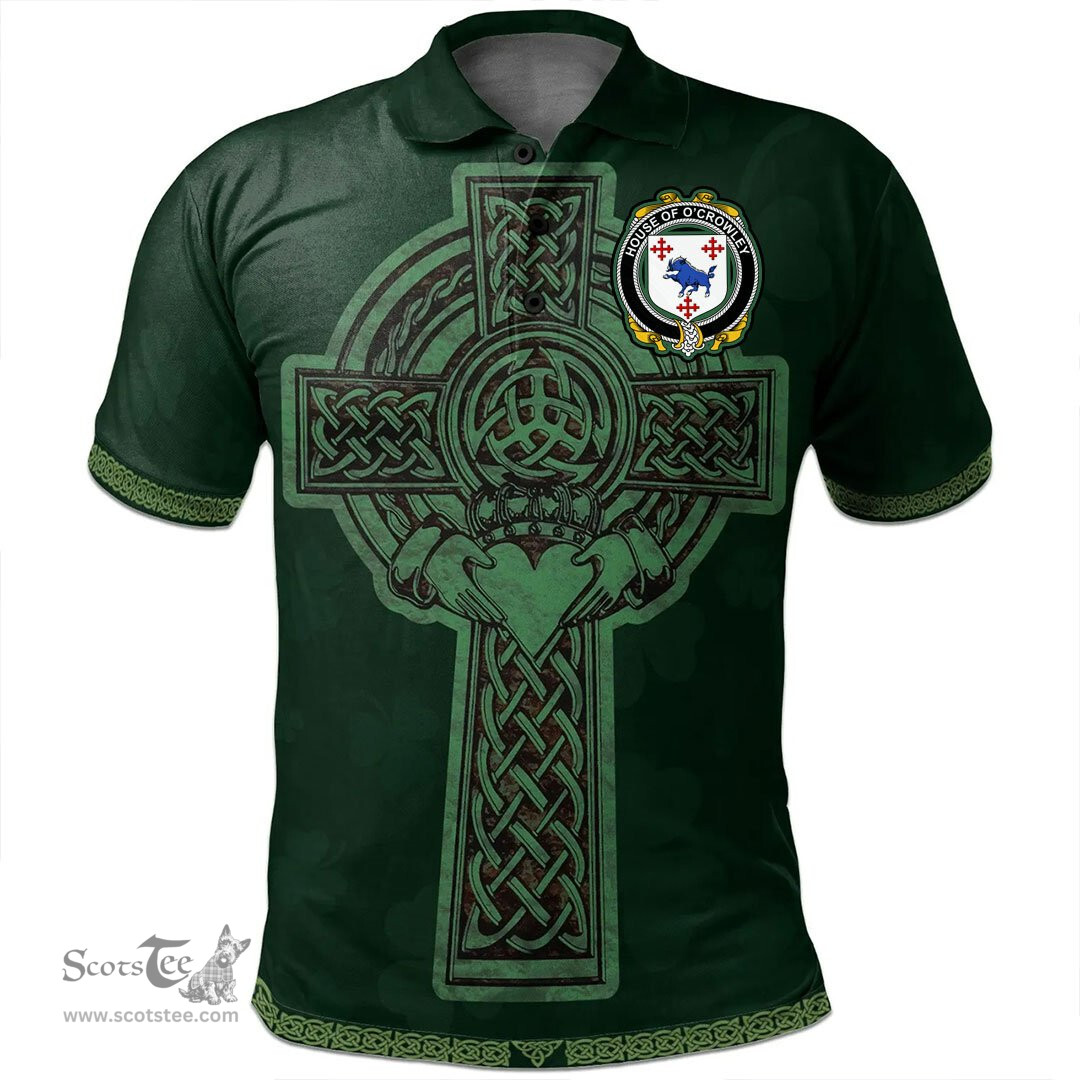 Irish House of Crowley Coat of Arms Irish Polo Shirt Irish Cross with Celtic Knot and Claddagh Ring Polo Shirt