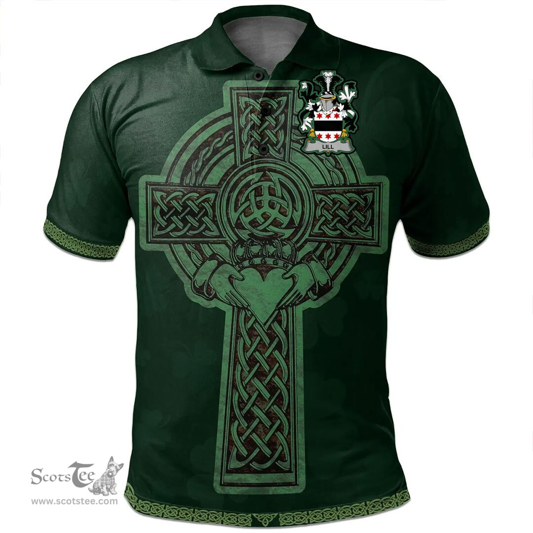 Irish Lill Coat of Arms Irish Polo Shirt Irish Cross with Celtic Knot and Claddagh Ring Polo Shirt