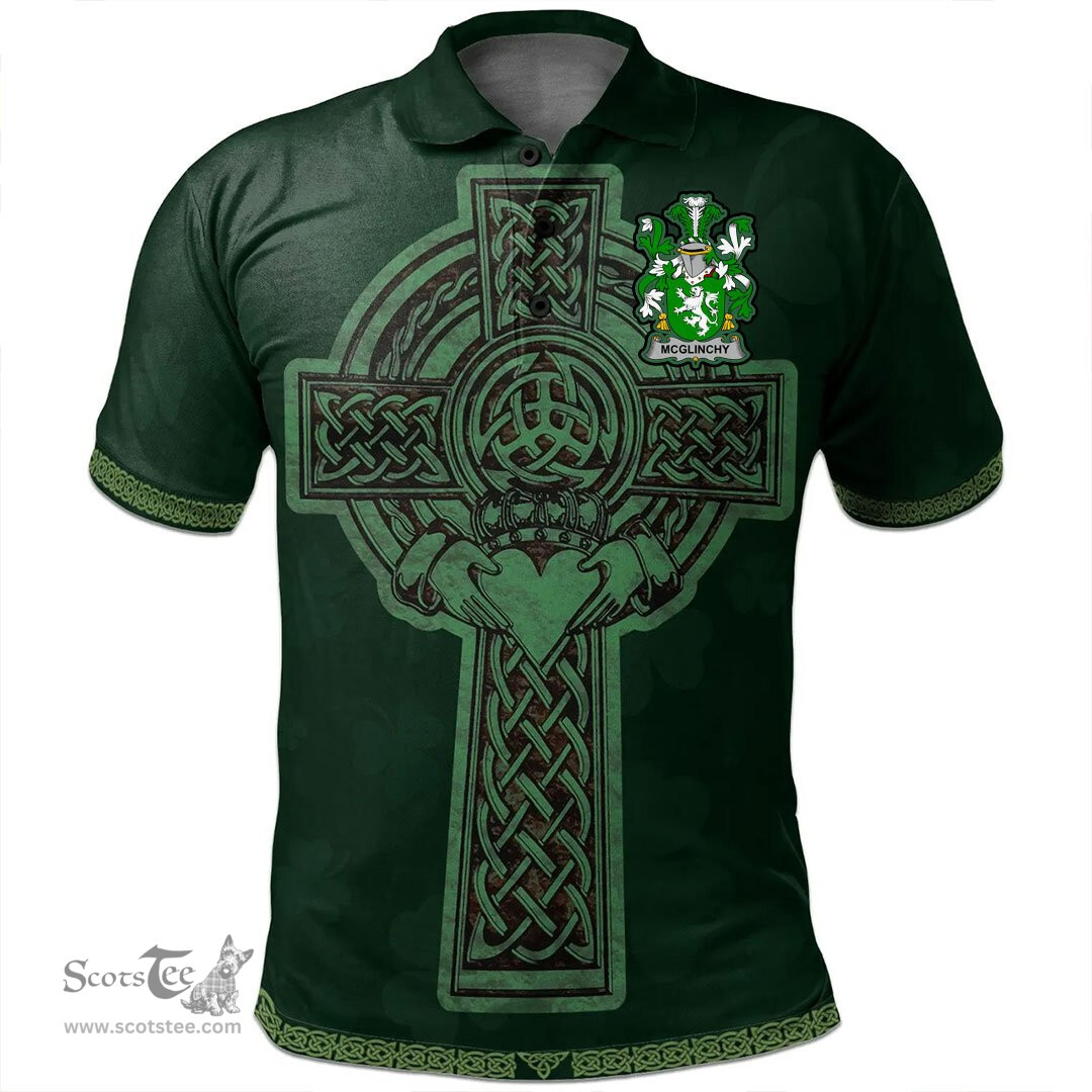 Irish McGlinchy or McGlinchey Coat of Arms Irish Polo Shirt Irish Cross with Celtic Knot and Claddagh Ring Polo Shirt