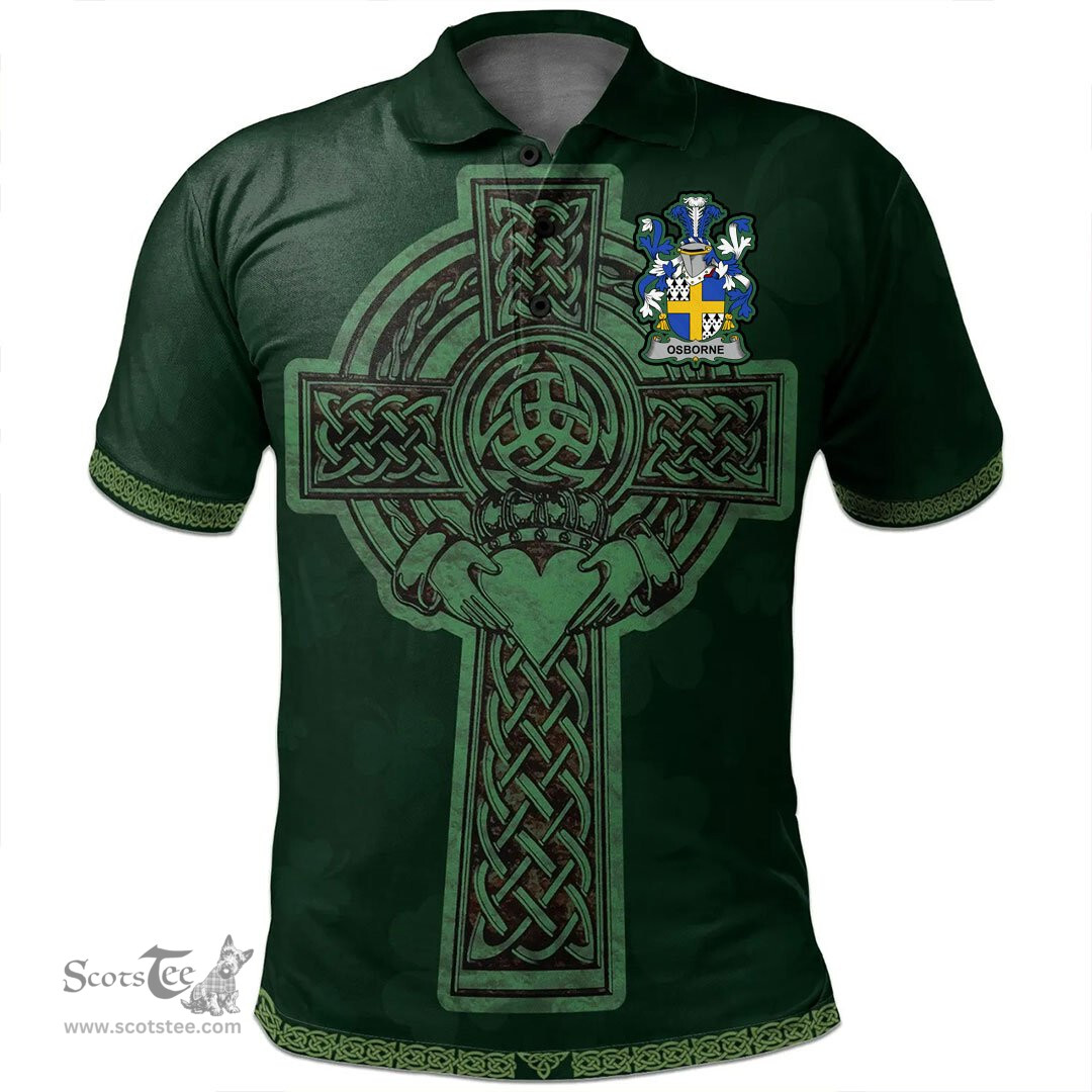 Irish Osborne Coat of Arms Irish Polo Shirt Irish Cross with Celtic Knot and Claddagh Ring Polo Shirt