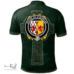 Irish House of O'QUINLAN Coat of Arms Irish Polo Shirt Irish Cross with Celtic Knot and Claddagh Ring Polo Shirt