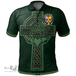 Irish House of O'QUINLAN Coat of Arms Irish Polo Shirt Irish Cross with Celtic Knot and Claddagh Ring Polo Shirt