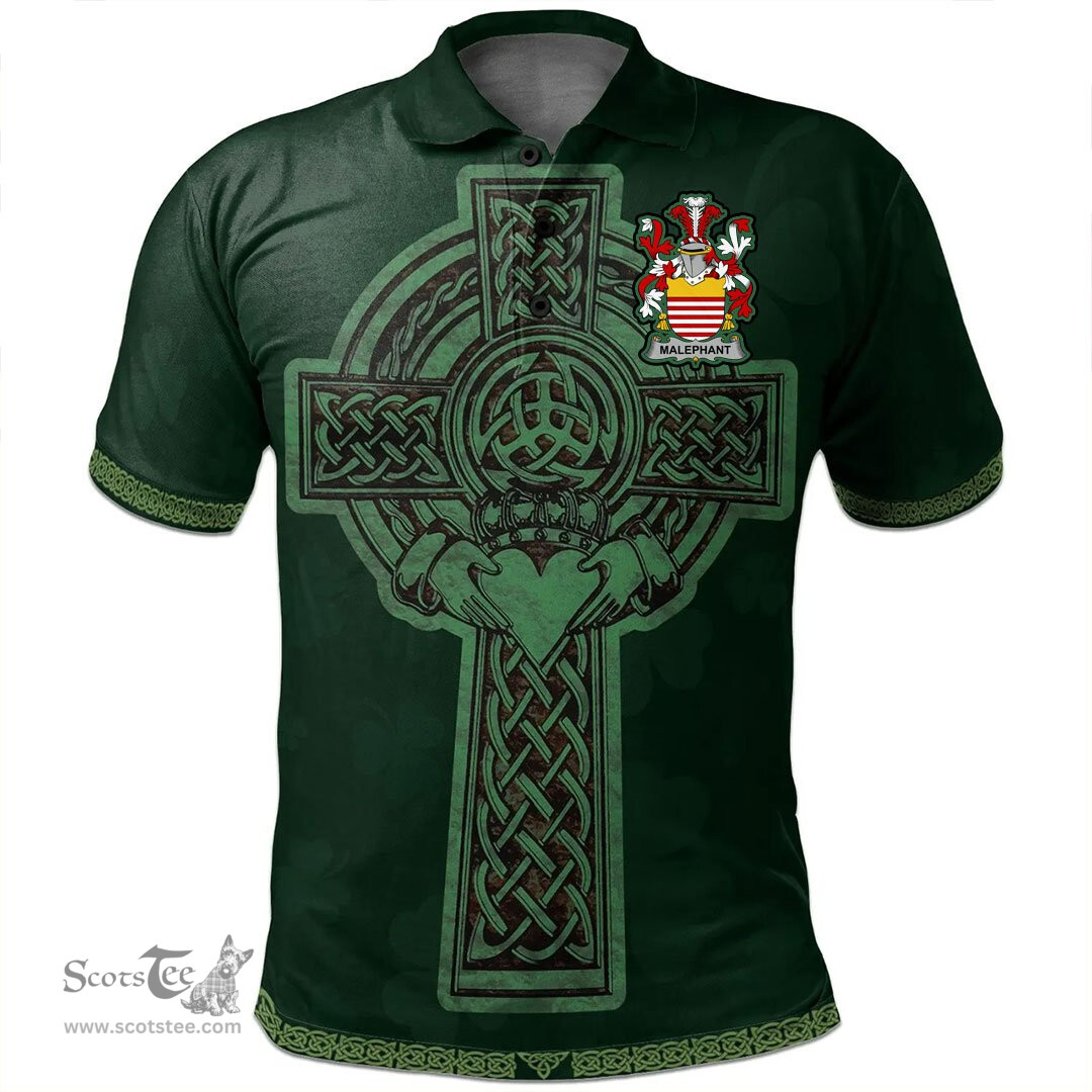 Irish Malaphant Coat of Arms Irish Polo Shirt Irish Cross with Celtic Knot and Claddagh Ring Polo Shirt