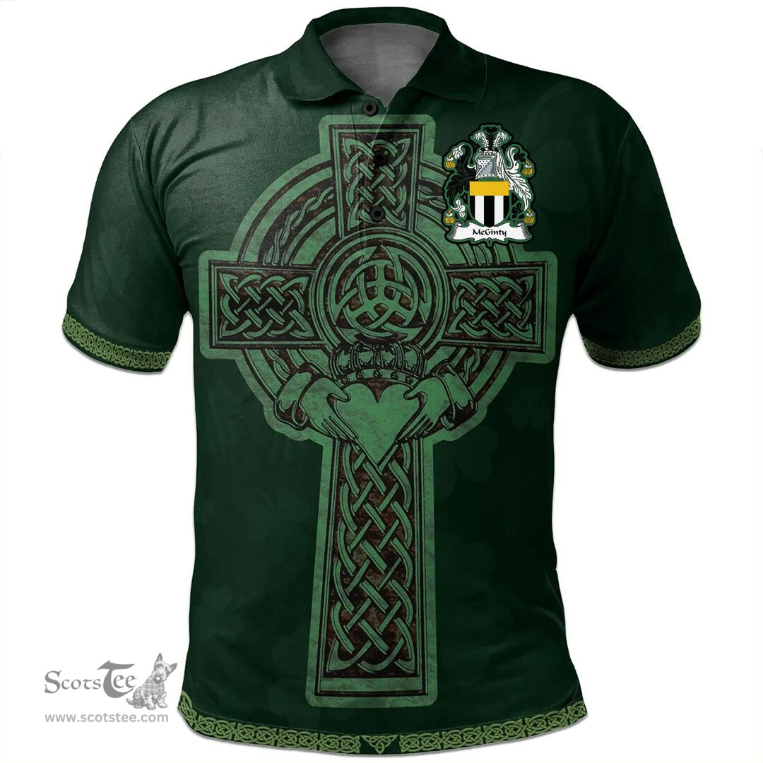 Irish McGinty Coat of Arms Irish Polo Shirt Irish Cross with Celtic Knot and Claddagh Ring Polo Shirt