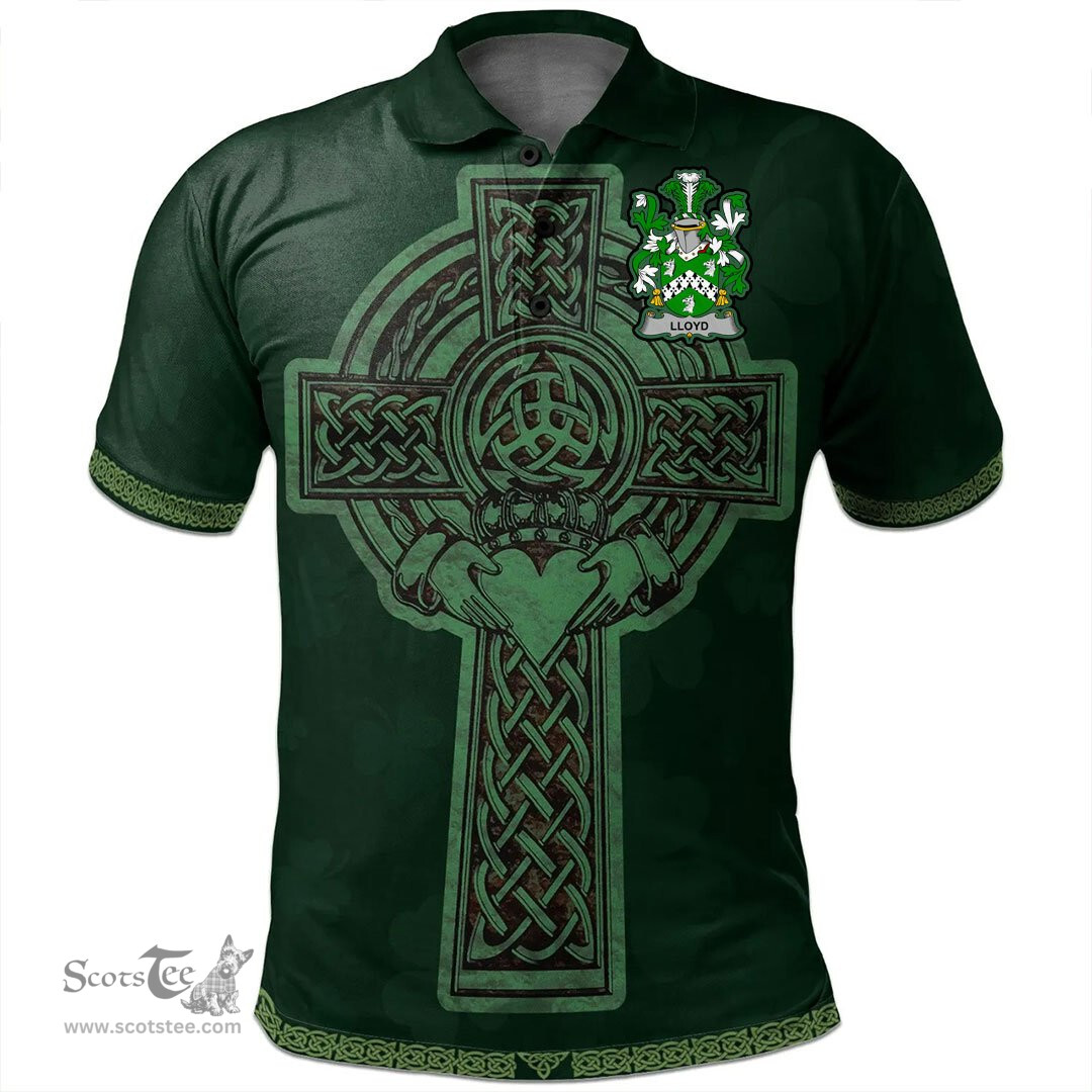Irish Lloyd Coat of Arms Irish Polo Shirt Irish Cross with Celtic Knot and Claddagh Ring Polo Shirt