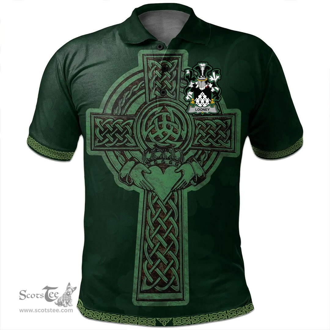 Irish Looney or O'Lunney Coat of Arms Irish Polo Shirt Irish Cross with Celtic Knot and Claddagh Ring Polo Shirt