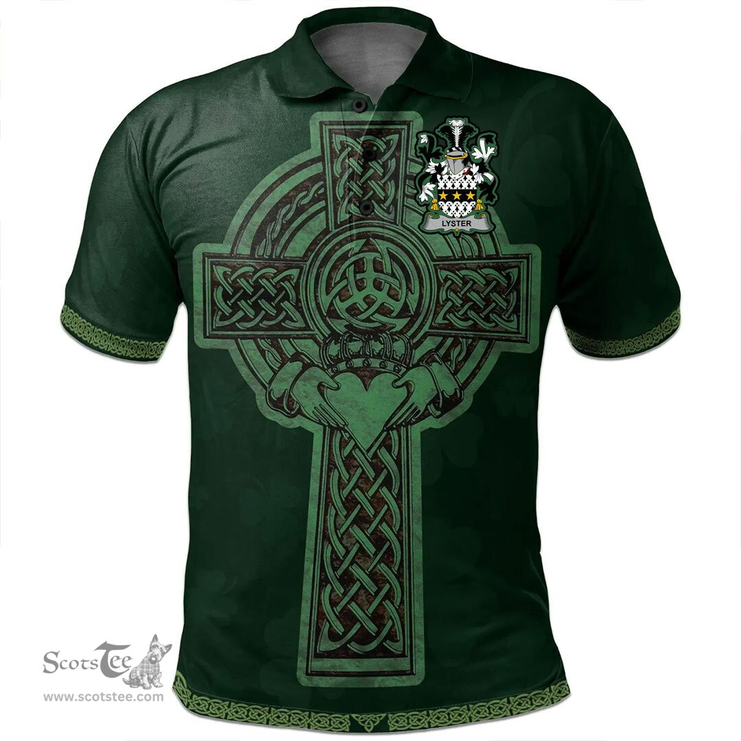 Irish Lyster Coat of Arms Irish Polo Shirt Irish Cross with Celtic Knot and Claddagh Ring Polo Shirt