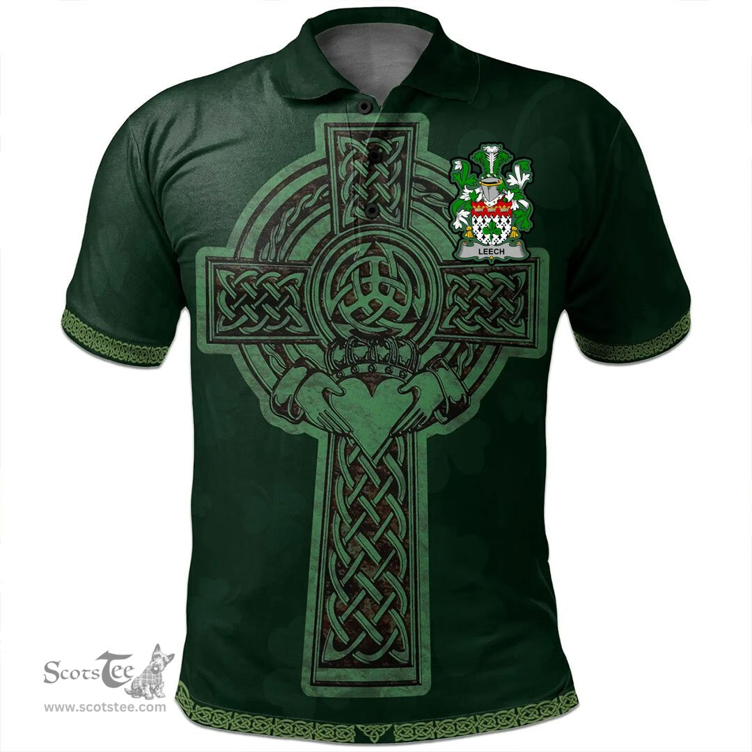 Irish Leech Coat of Arms Irish Polo Shirt Irish Cross with Celtic Knot and Claddagh Ring Polo Shirt