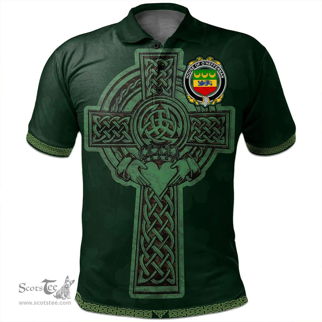 Irish House of O'HEFFERNAN Coat of Arms Irish Polo Shirt Irish Cross with Celtic Knot and Claddagh Ring Polo Shirt