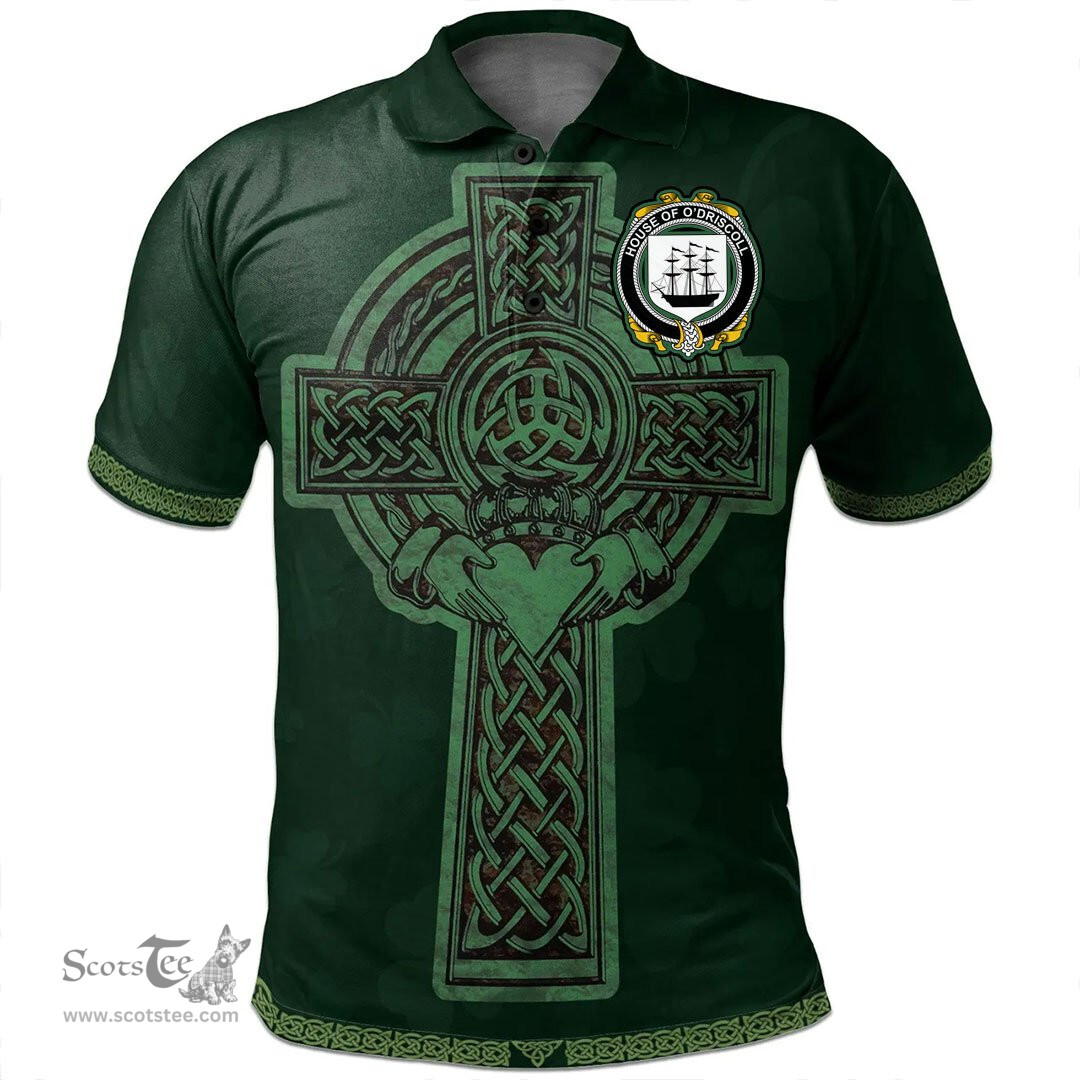 Irish House of O'DRISCOLL Coat of Arms Irish Polo Shirt Irish Cross with Celtic Knot and Claddagh Ring Polo Shirt