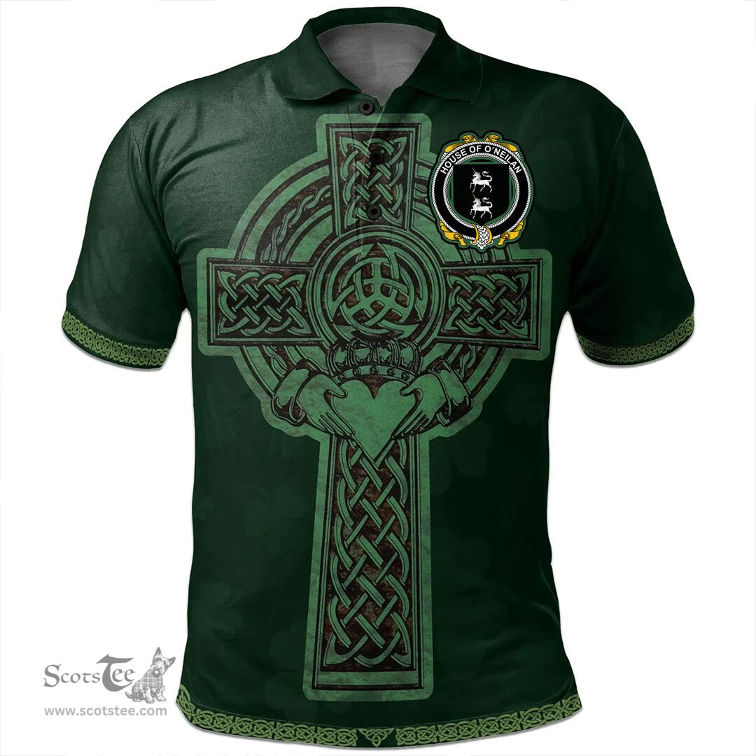 Irish House of O'NEILAN Coat of Arms Irish Polo Shirt Irish Cross with Celtic Knot and Claddagh Ring Polo Shirt