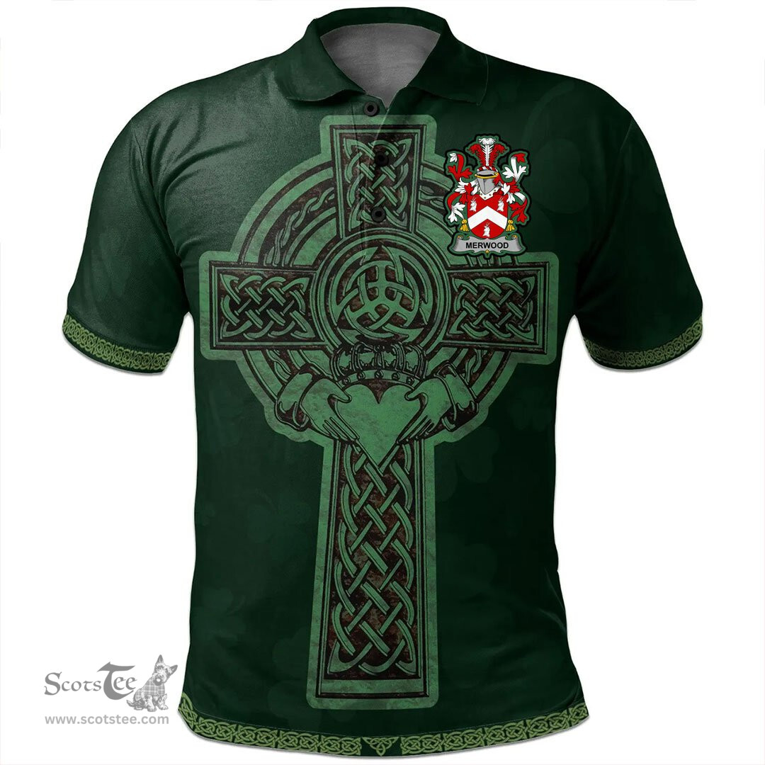 Irish Merwood Coat of Arms Irish Polo Shirt Irish Cross with Celtic Knot and Claddagh Ring Polo Shirt