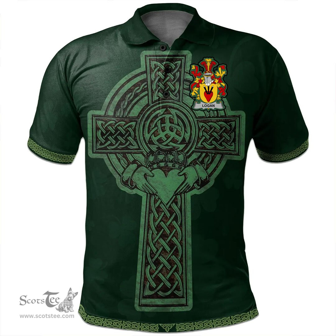 Irish Logan Coat of Arms Irish Polo Shirt Irish Cross with Celtic Knot and Claddagh Ring Polo Shirt