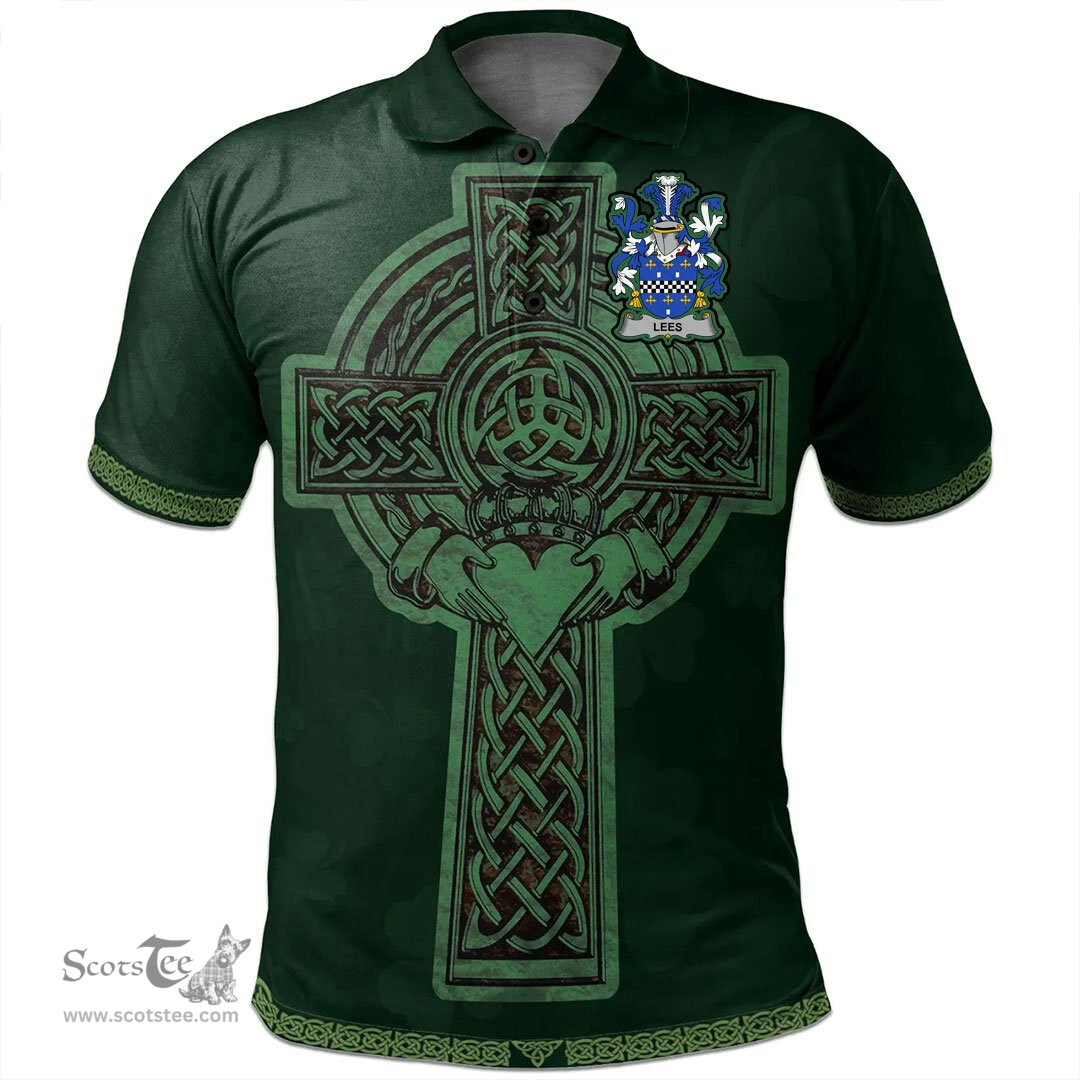 Irish Lees or McAleese Coat of Arms Irish Polo Shirt Irish Cross with Celtic Knot and Claddagh Ring Polo Shirt