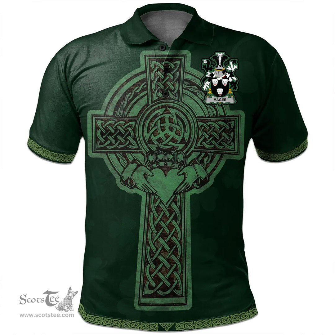 Irish Magee or McGee Coat of Arms Irish Polo Shirt Irish Cross with Celtic Knot and Claddagh Ring Polo Shirt