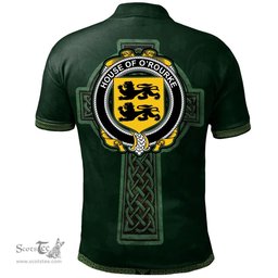 Irish House of O'ROURKE Coat of Arms Irish Polo Shirt Irish Cross with Celtic Knot and Claddagh Ring Polo Shirt