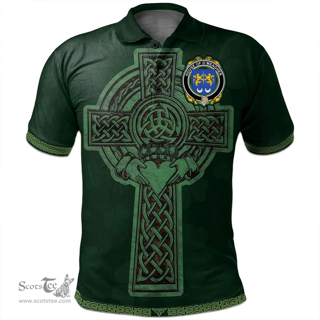 Irish House of O'MEAGHER Coat of Arms Irish Polo Shirt Irish Cross with Celtic Knot and Claddagh Ring Polo Shirt