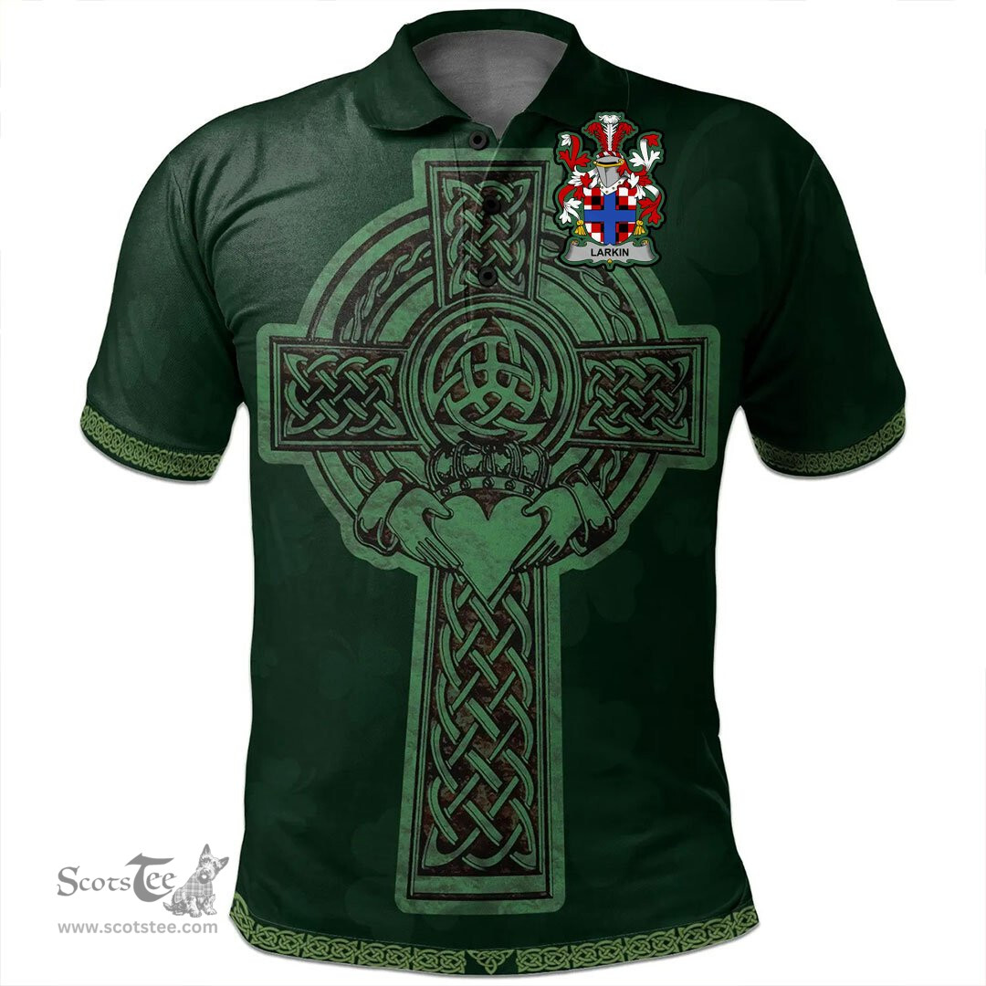 Irish Larkin or O'Larkin Coat of Arms Irish Polo Shirt Irish Cross with Celtic Knot and Claddagh Ring Polo Shirt