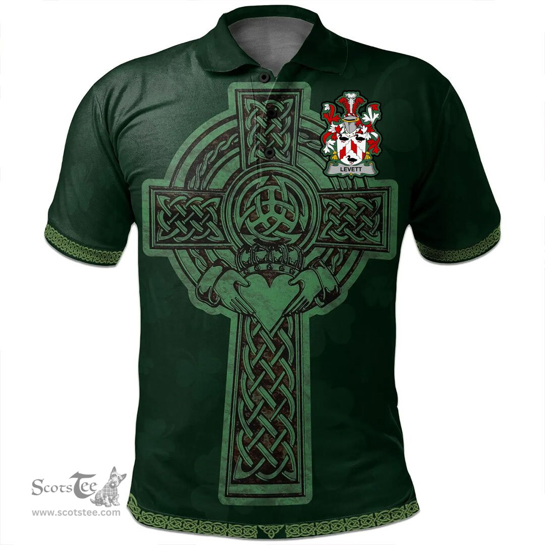 Irish Levett or Lyvett Coat of Arms Irish Polo Shirt Irish Cross with Celtic Knot and Claddagh Ring Polo Shirt