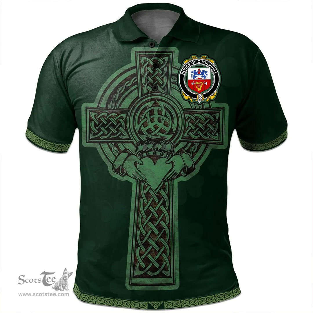 Irish House of O'MULVIHILL Coat of Arms Irish Polo Shirt Irish Cross with Celtic Knot and Claddagh Ring Polo Shirt