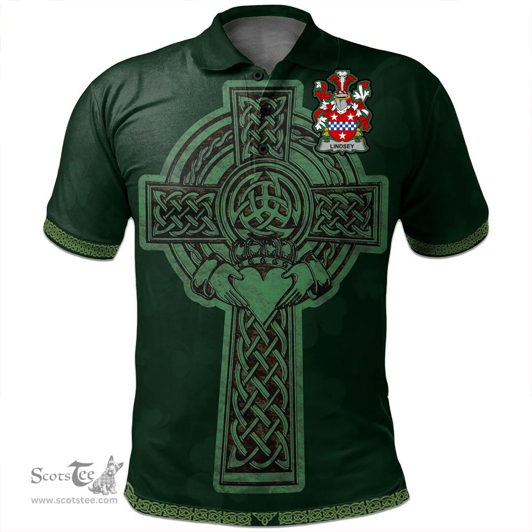 Irish Lindsey Coat of Arms Irish Polo Shirt Irish Cross with Celtic Knot and Claddagh Ring Polo Shirt