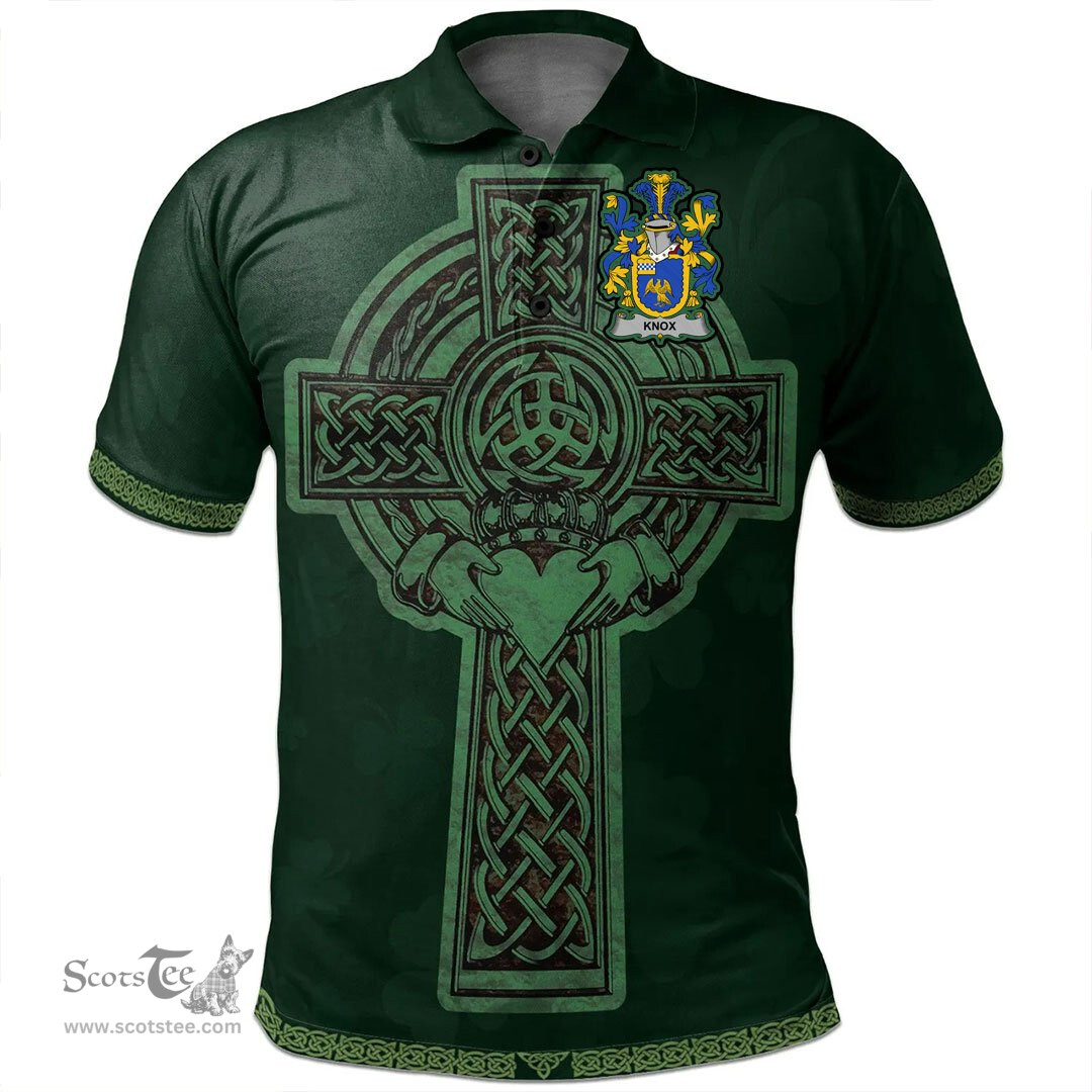 Irish Knox Coat of Arms Irish Polo Shirt Irish Cross with Celtic Knot and Claddagh Ring Polo Shirt