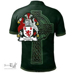 Irish McCauley Coat of Arms Irish Polo Shirt Irish Cross with Celtic Knot and Claddagh Ring Polo Shirt