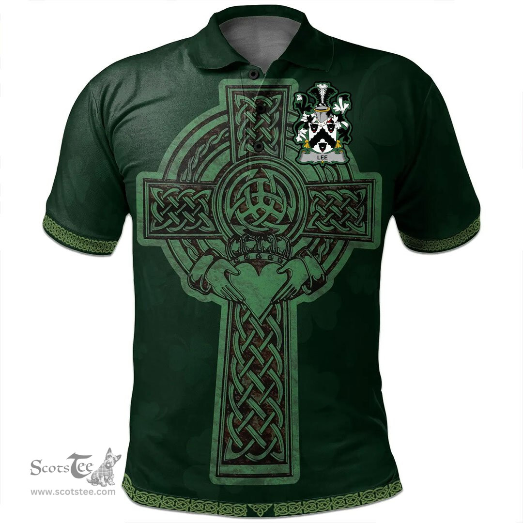 Irish Lee or O'Lee Coat of Arms Irish Polo Shirt Irish Cross with Celtic Knot and Claddagh Ring Polo Shirt
